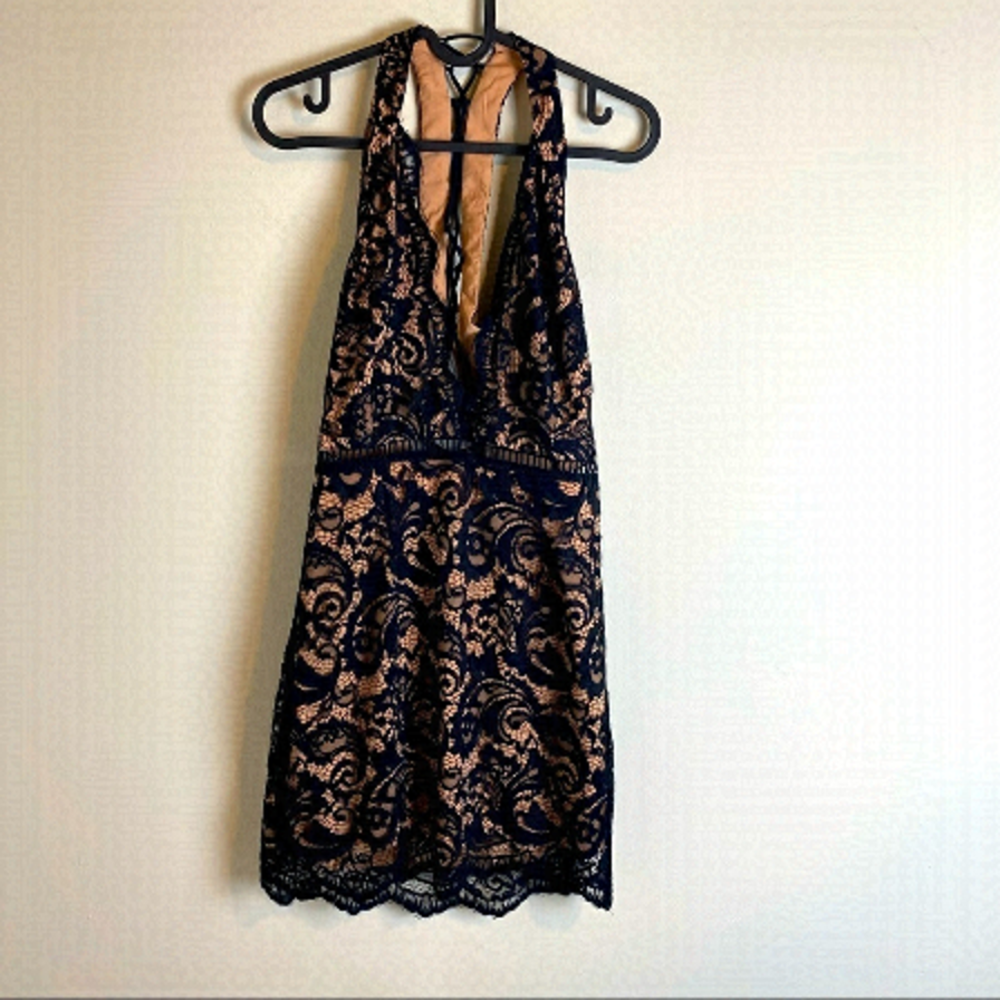 Tobi Lace Black and Nude Lace Up Back Mini Dress